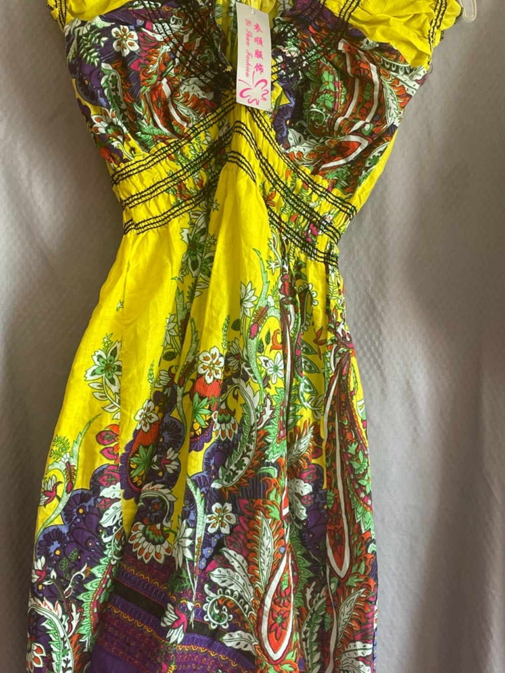 Bright Yellow Paisley Smocked Mini Dress with Ruffle Sleeves